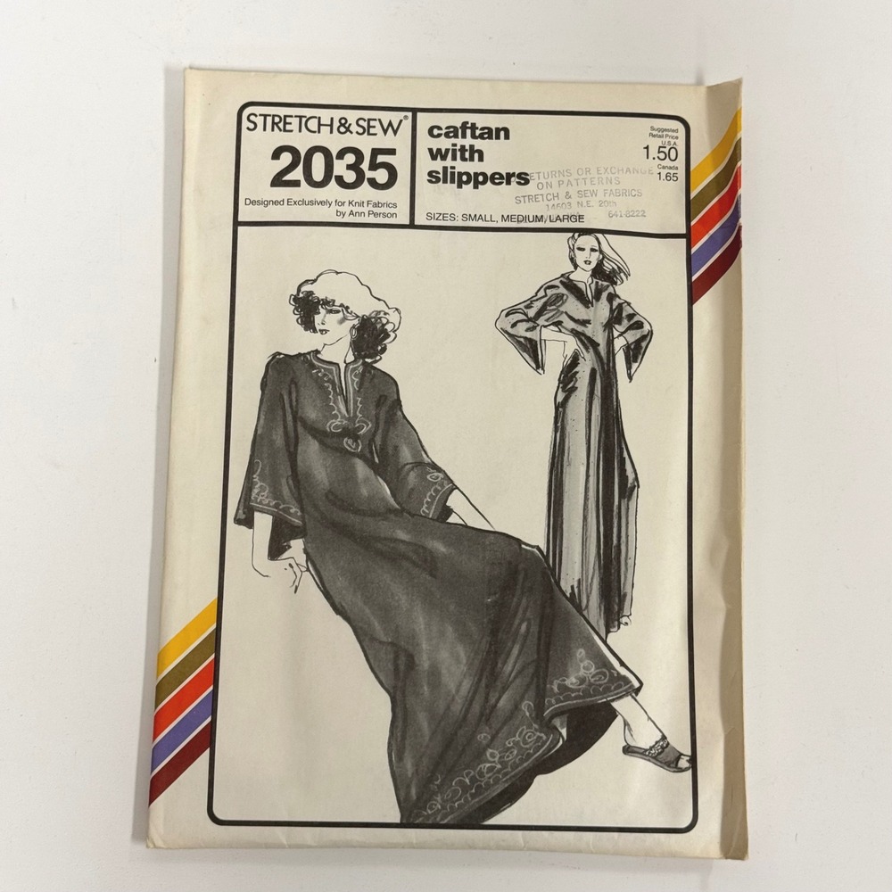 Stretch & Sew 2035 Caftan Slippers Pattern Ann Person 1979 Vintage Small-L UNCUT